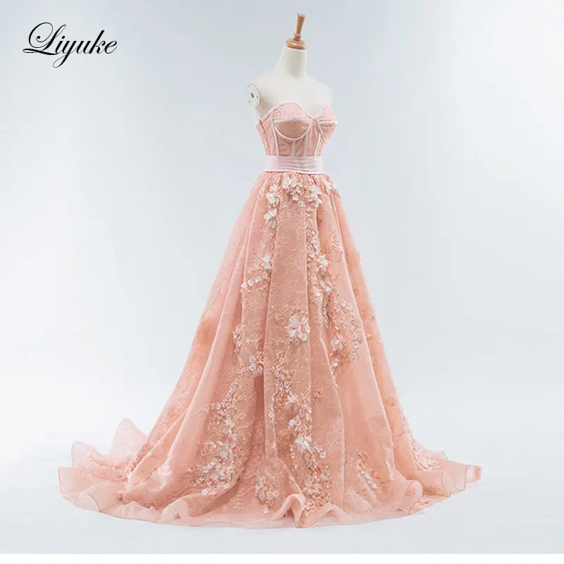 Liyuke-vestidos de noche sin tirantes, corte en A, flores personalizadas florales, recién llegado, vestido Formal naranja hasta el suelo, Reina elegante