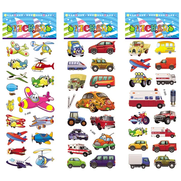 12 Different Sheets Cartoon Car Sticker 3D Stickers Toys Airplane Vehicles for Children Diary Notebook Decoration Gifts