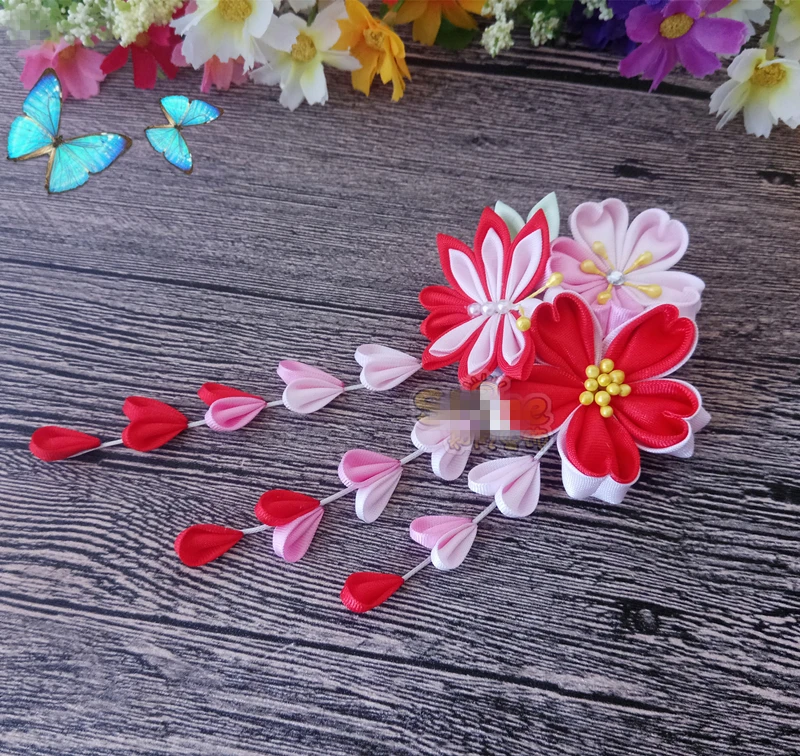 Hand Made Hairpin Cotton Cloth Hair Clip Red Cherry Barrettes Japanese Style Anime Cosplay Accessories Kimono Hanfu Retro Fan