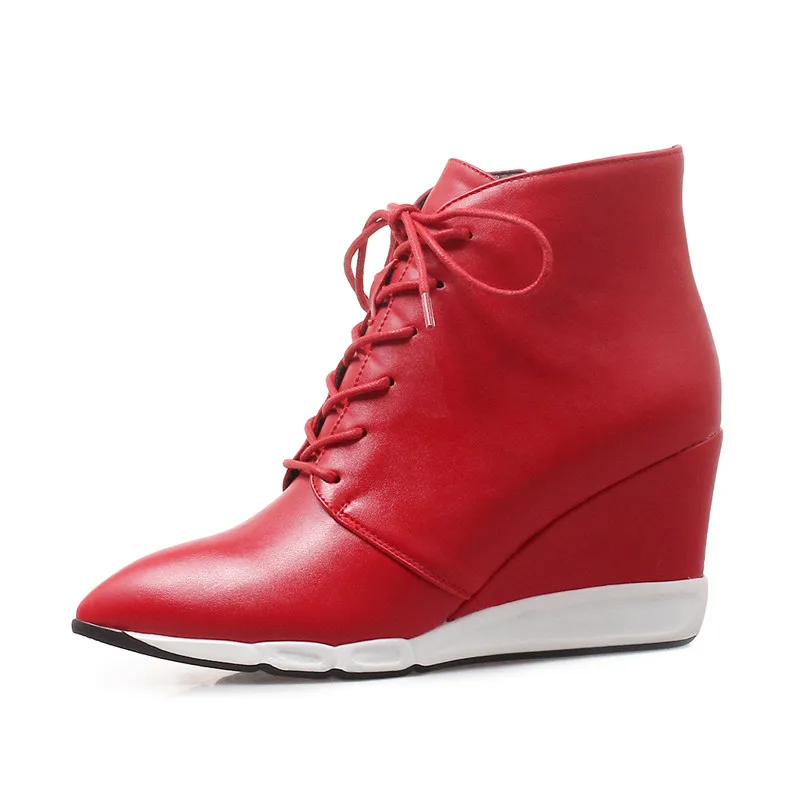 ANNYMOLI Winter Ankle Boots Women Boots Zipper Wedge High Heel Short Boots Lace Up Pointed Toe Shoes Ladies Fall Red Size 34-40