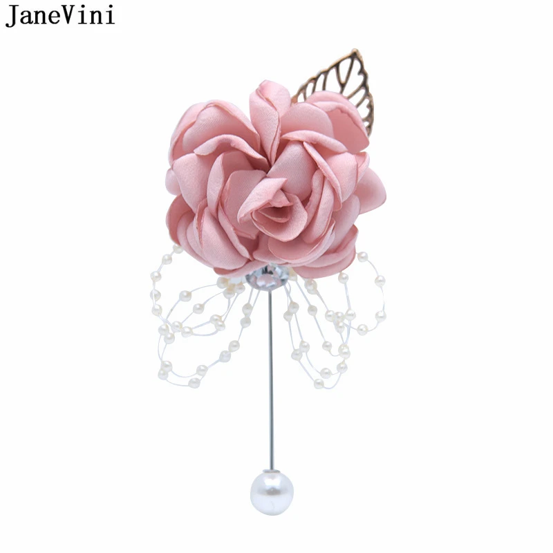 

JaneVini Luxury Wedding Artificial Boutonniere Groomsmen Flowers Wedding Corsage with Pearls Groom Brooch for Wedding Decoration