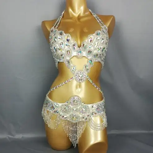 2021 NEW High quality Women's beaded Crystal belly dance costume Bar+Belt+Necklace 3pc set sexy bellydancing costumes 1732