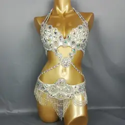 High quality Women's beaded Crystal belly dance costume wear Bar+Belt set sexy ladies bellydancing costumes bellydance clothes