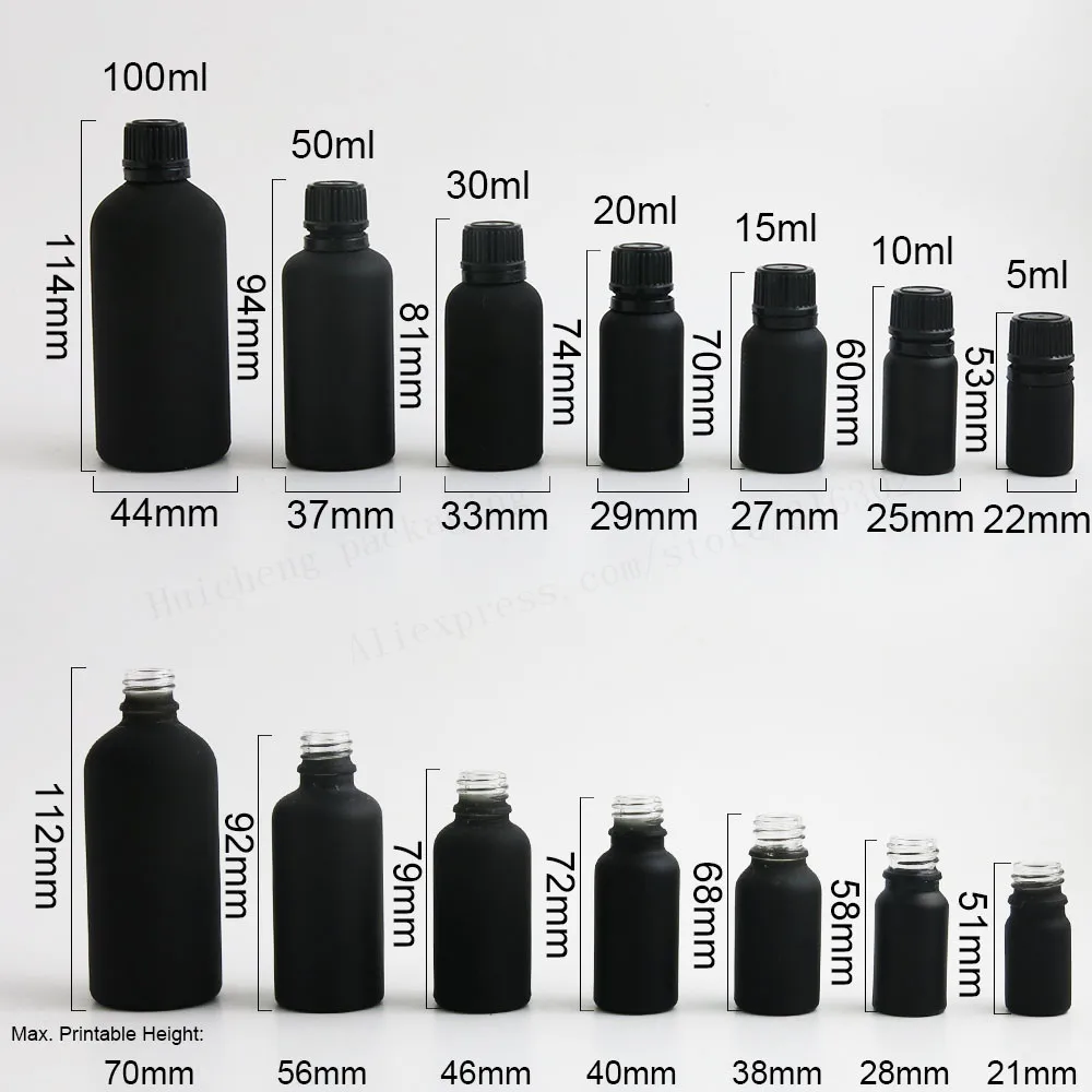 Travel Matte Black Essential Oil Bottle With White Black Tamper Evident Cap Reducer 5ML 10ML 15ML 20ML 30ML 50ML 100ML 12PCS