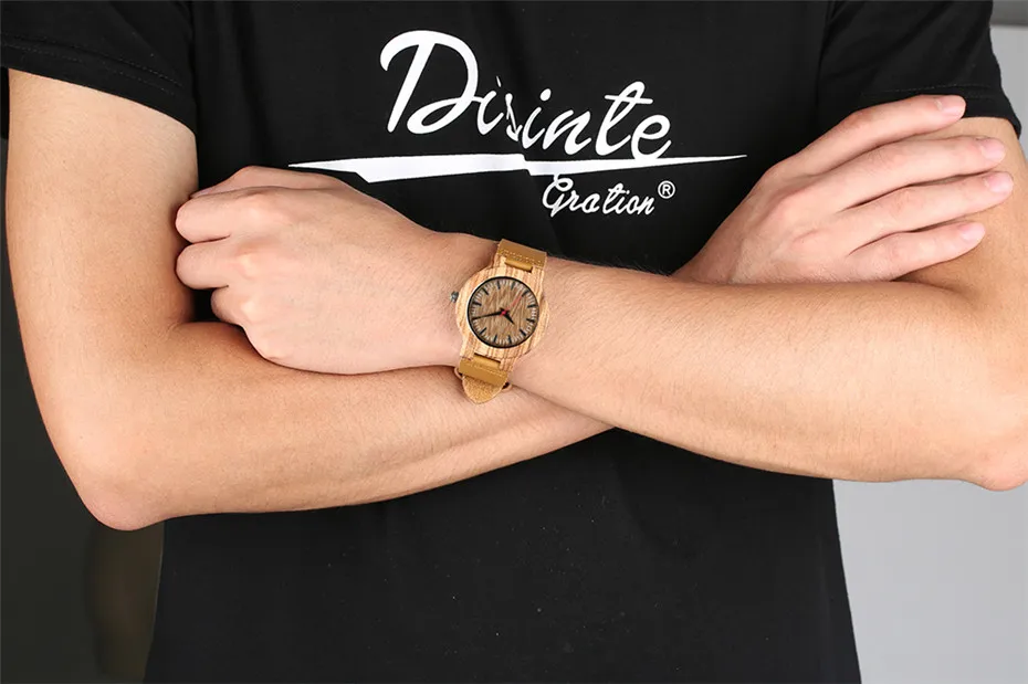 Brown Genuine Leather Wood Watch Men Coffee Stripes Unique Nature Wooden Men\'s Watch Quartz Movement reloj masculino New 2019