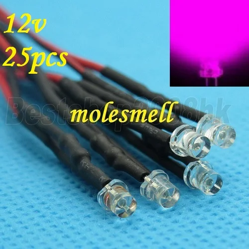 

25pcs 3mm 12v Flat Top Pink LED Lamp Light Set Pre-Wired 3mm 12V DC Wired 3mm big/wide angle Pink 12v led