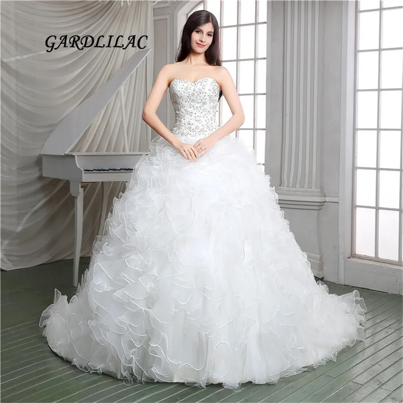 Novo estoque branco vestido de baile vestidos de casamento 2019 organza com prata bordado vestidos de festa de casamento babados