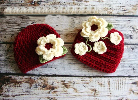 

Special clearance- baby girls crochet red Beanies hat,beige flower with Matching Diaper Cover for Newborn Photo Prop NB-3M