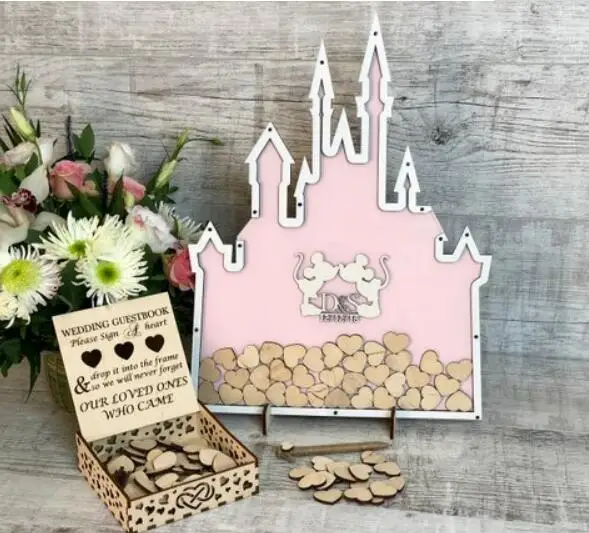 

personalize mouse couple castles Wedding Guest Book Alternative Guestbook Drop Top box wedding Guest Book hearts drop box