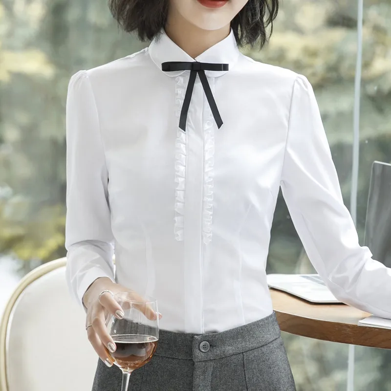 New Elegant Women Lace Shirt Temperament Formal Bow Tie Long Sleeve Slim Blouses Office Ladies Work Tops White Gray