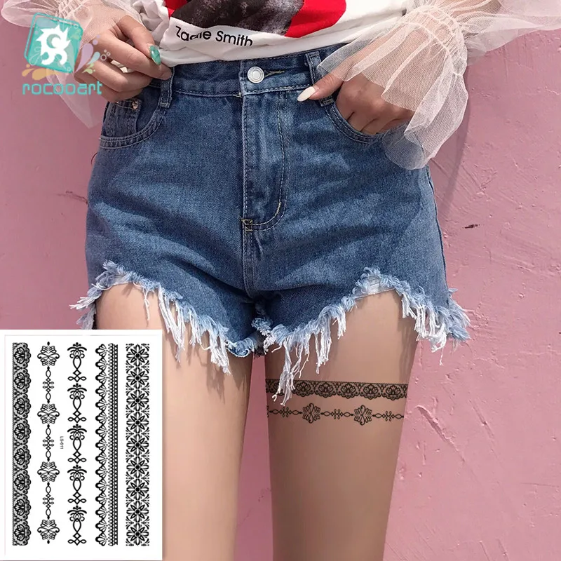 Rcooart Water Transfer Sexy Lace Stocking Fake Flash Tattoo for Girl Women Waterproof Temporary Tattoo Sticker on Body Leg ring