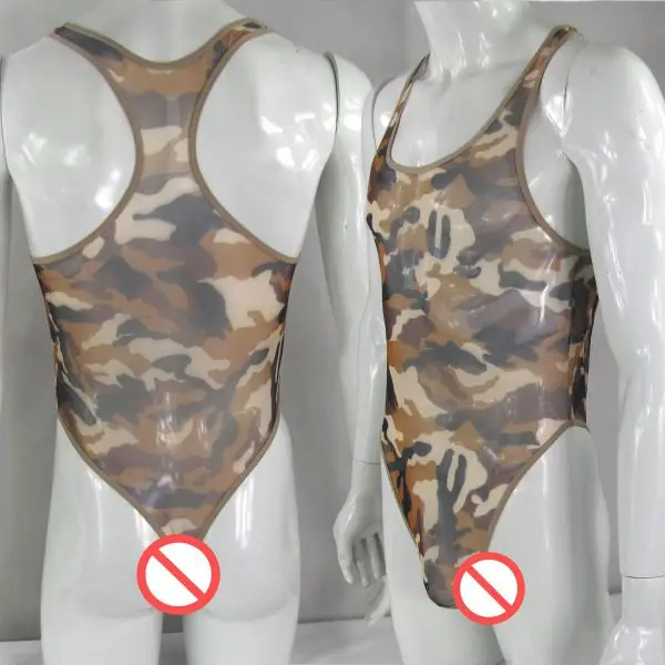 Mens Thong Back Bodysuit Stretchy High Cut Racer Back G1280 Camo Print Mesh C-thru