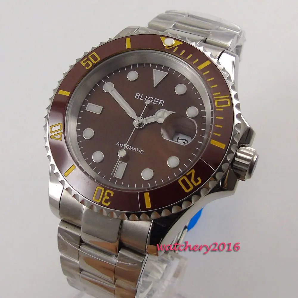 

New 40mm Bliger Brown Dial Date window Sapphire Glass Blrown ceramic bezel Luminous Hands Automatic Mechanical men's Watch