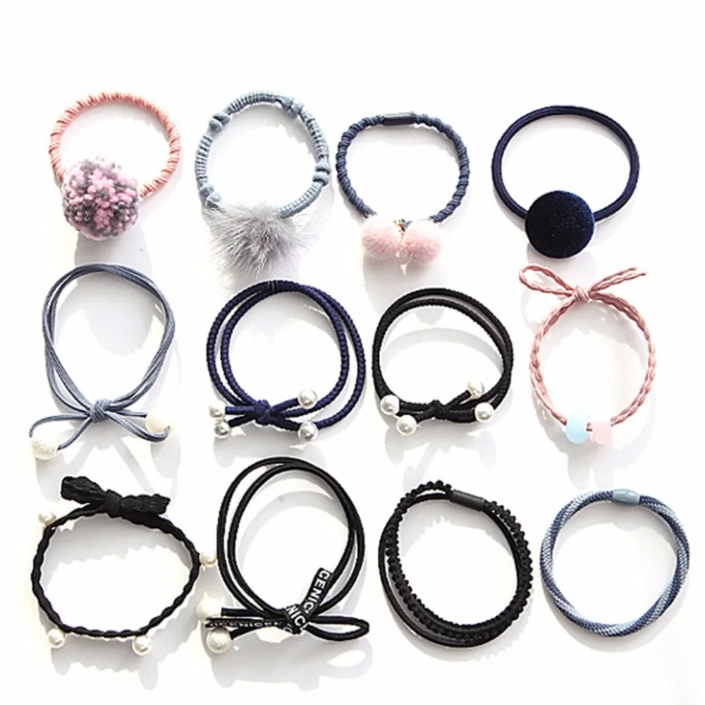 12pcs/set Women Winter Hair Accessories Pompon Elastic Hair Bands Pearl Boutique Elastic Hair Tie Rope Rubber Band with Box Jar