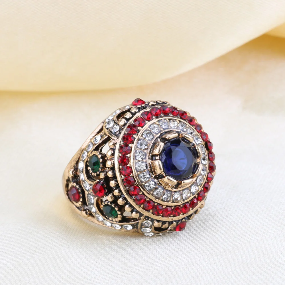 Kinel New Arrival Dubai Gold Antique Ring For Women Bohemian Blue Resin Inlay Crystal Punk King Ring Vintage Jewelry