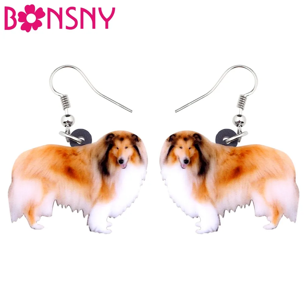 Bonsny Acrylic Happy Rough Collie Dog Earrings Big Long Dangle Drop Fashion Jewelry For Women Girls Ladies Kids Animal Accessory