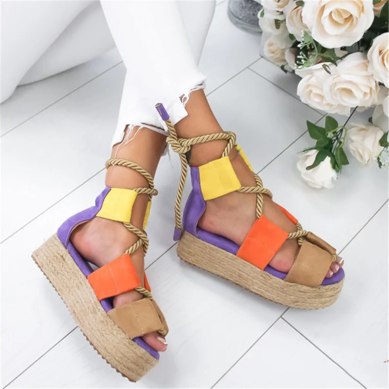 CuddlyIIPanda Plus Size 35-43 Giày Sandal Nữ Dây Gai Dầu Dệt La Mã Đấu Sĩ Kẹo Màu Đế Độn Clunky Gót Sandalias mujer