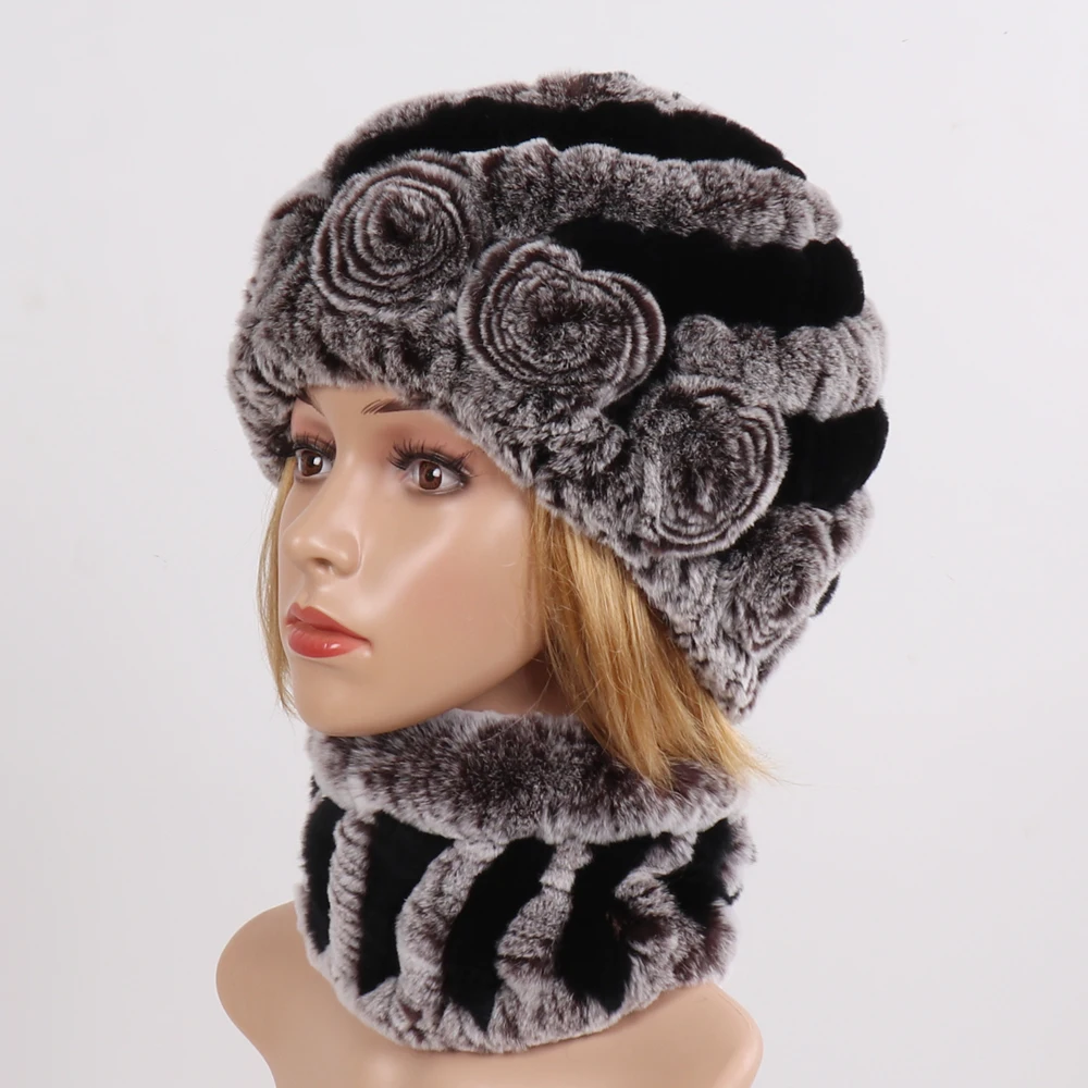 Conjunto de bufandas y sombreros de piel auténtica para mujer, gorro de piel de conejo Rex auténtica, bufanda de piel Natural, conjuntos de silenciadores, invierno, 2024