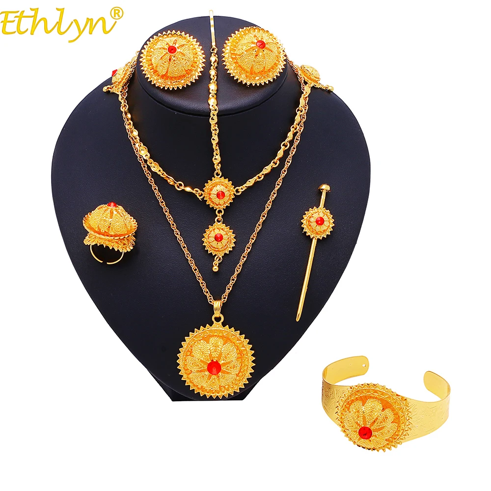 

Ethlyn Ethiopian Big Round Golden Six-piece Sets Women Luxury Jewelry Sets Necklace Earrings Bracelet Ring brooch hair pins