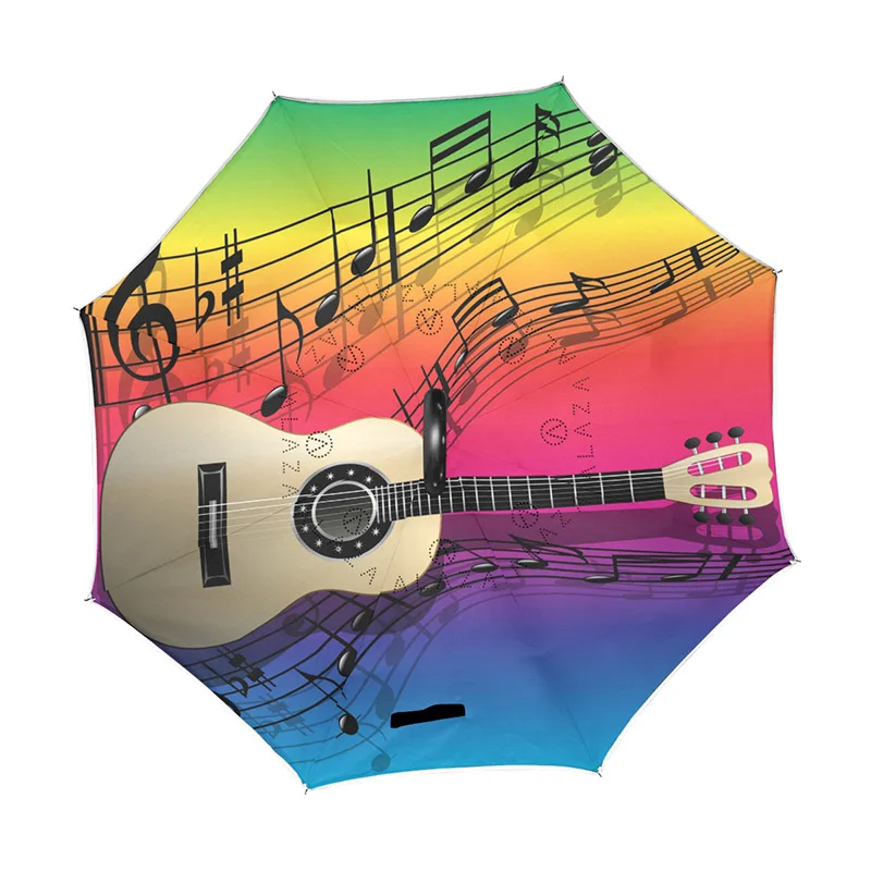 Music Guitar Windproof Reverse Folding Double Layer inverted Car Umbrella Self Stand Upside Down Women's Rain Umbrella C Handle