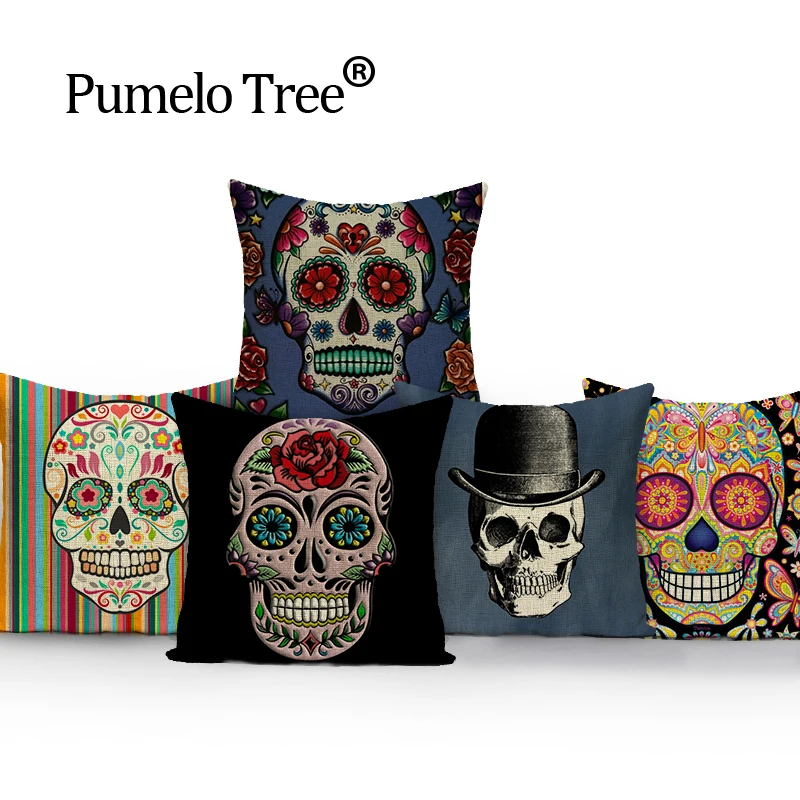Colorful Square Pillow Cover Sugar Skull Decor Living Room Customized Cushion Polyester Print Car Seat Cover Custom Cushion Cove