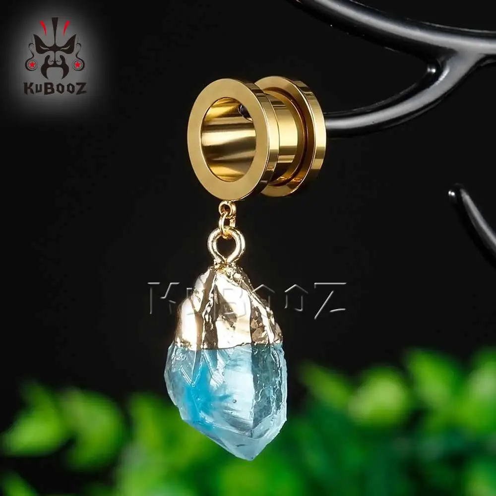 KUBOOZ Dangle Ear Plugs Piercing Tunnels Crystal Eardrop Body Jewelry Steel Screw Earring Gauges Expander Women Fashion Gift 2PC