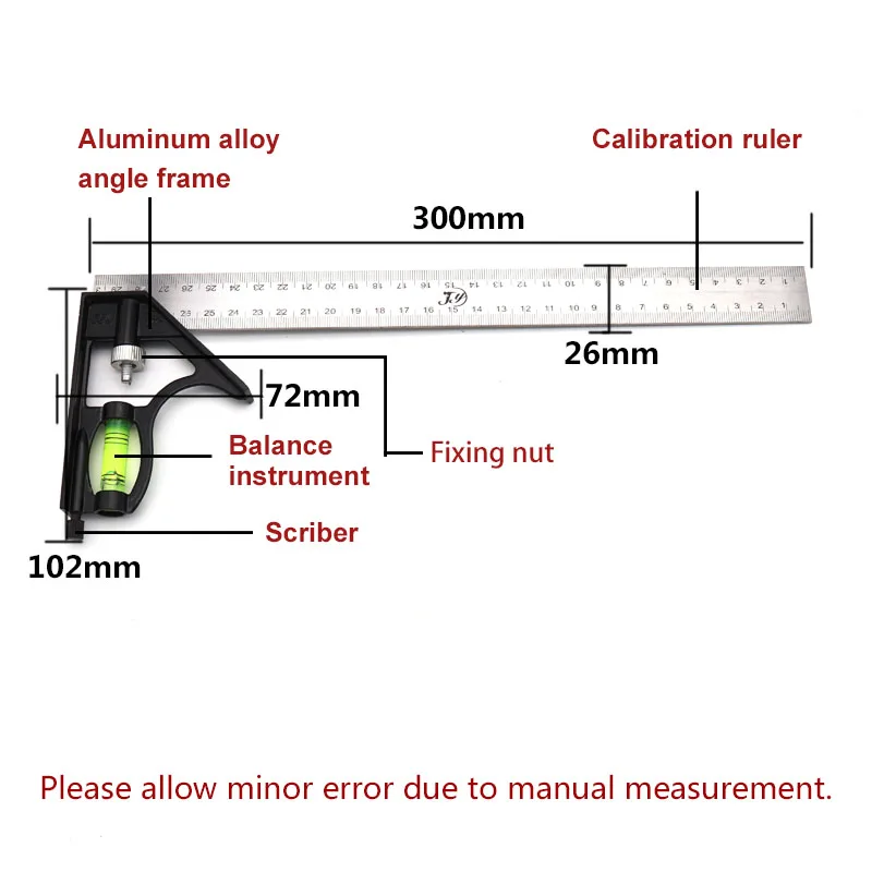 1Pcs 300Mm Verstelbare Hoek Heerser Rvs Ingenieurs Combinatie Proberen Vierkante Set Rechts Multi-Functionele Meetinstrumenten