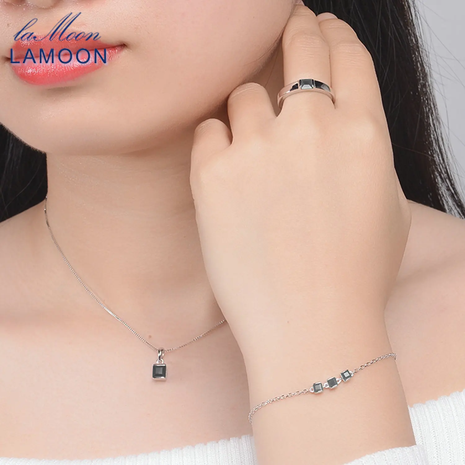 LAMOON 4x4mm 0.6ct Natural Black Chalcedony Jewelry Sets S925 Rings+Earrings+Necklace+Bracelet For Women Gift V008-B-1