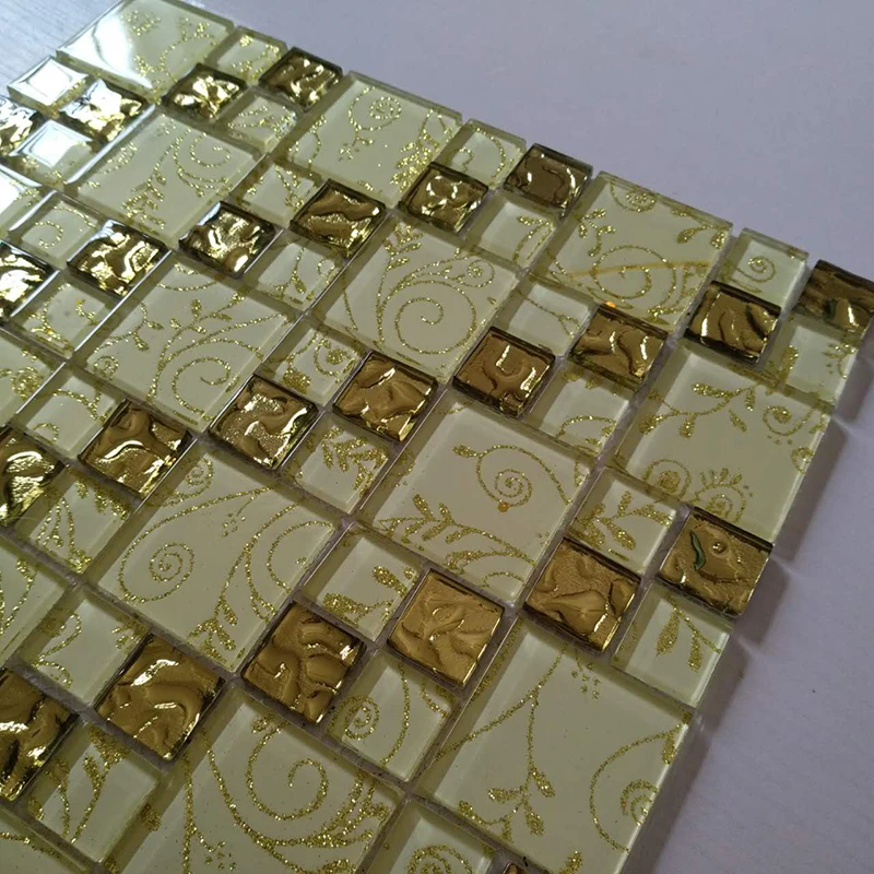 11 sheets Gold Leaf Crystal Glass  Art Mosaic Tiles ,r DIY Kitchen Cabinet Fireplace Bathroom Store Wall Tile Decoration