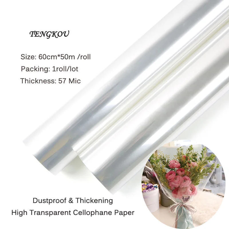 

60cmx50m Clear Roll Cellophane Wrapping Paper for Flowers Dust-proof Transparent Opp Plastic Film Gift Packaging Materials