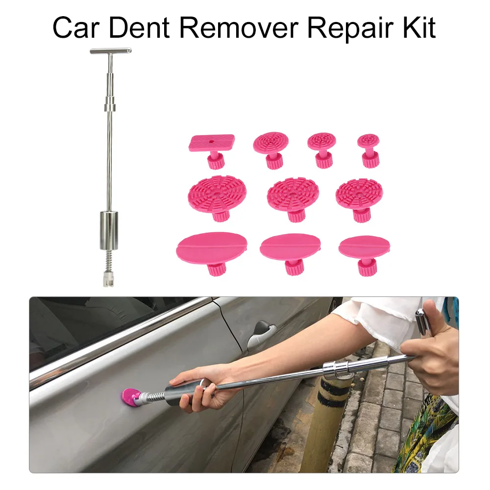 

car-styling Slide Hammer T Bar Dent Puller Tool + 10pcs Red Pulling Tabs Car Dent Remover Paintless Dent Repair Hand Tools Kit