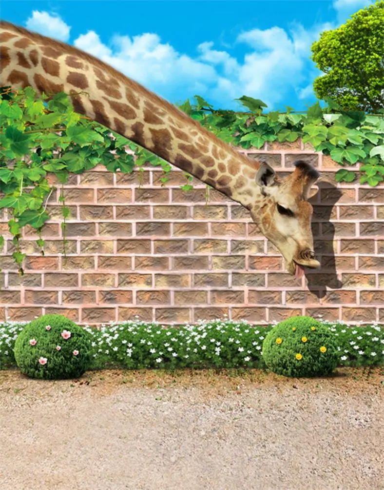 5x7ft الطوب جدار الأخضر العشب شجرة الزرافة خلفيات للتصوير الفوتوغرافي صور الدعائم خلفية الاستوديو