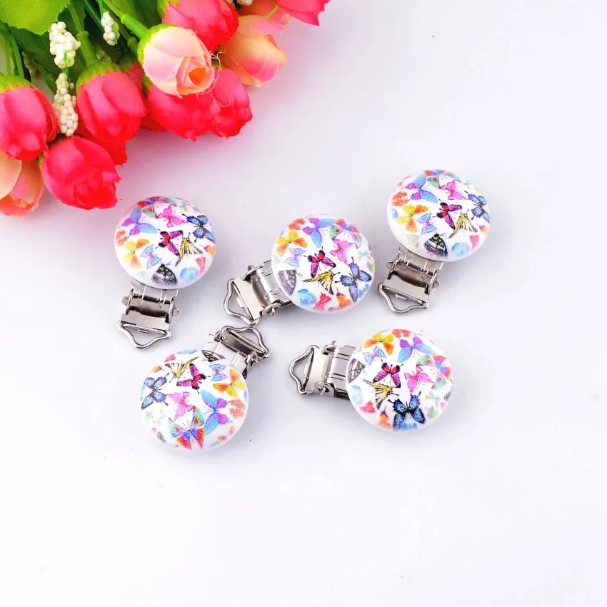 5PCs Baby Pacifier Clips Mixed Butterfly Pattern White Wood Metal Holders Cute Infant Soother Clasps Accessories 4.4x2.9cm