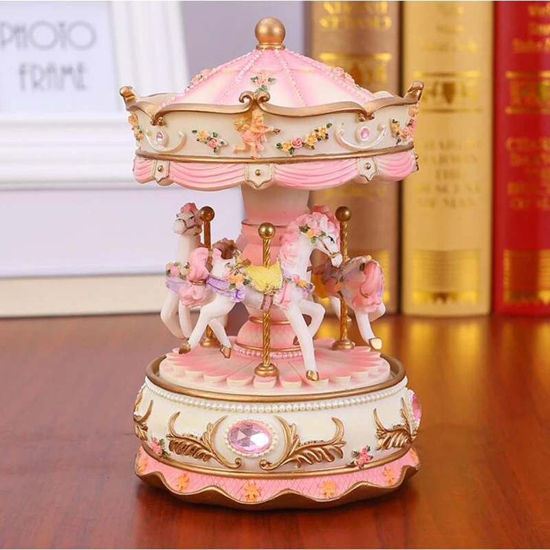 Flashing LED Light Resin Carousel Music Box Kids Girls Valentine's Day Birthday Christmas Gift Toy Wedding Home Decor Crafts