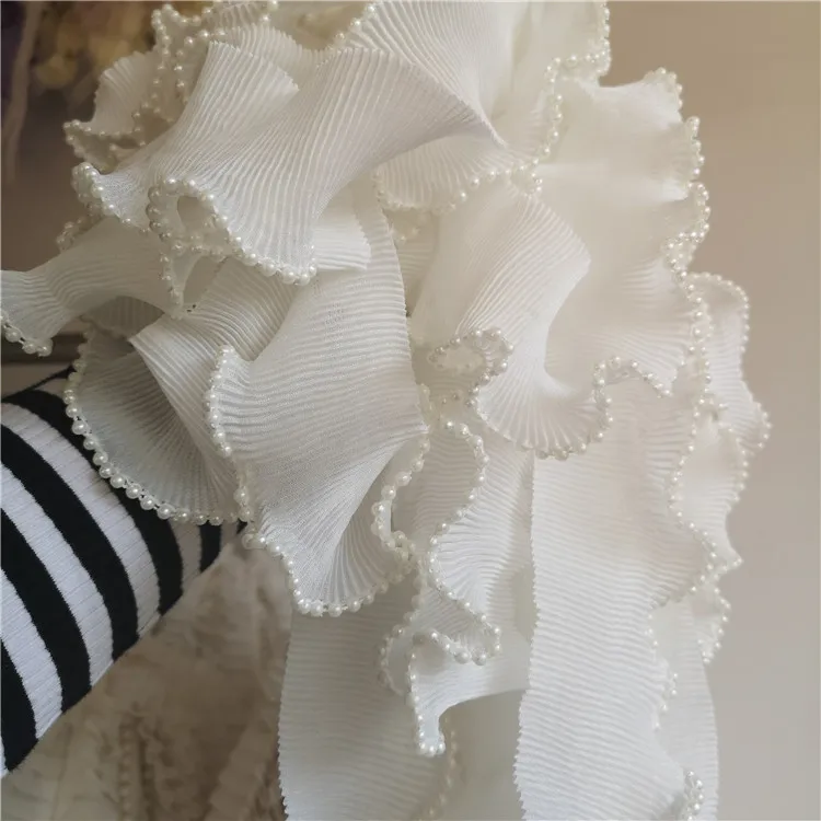 Straighten 4Yds/lot 6cm wide Diy retro beaded trim white ruffled lace women's skirt dress lace accessories AC577