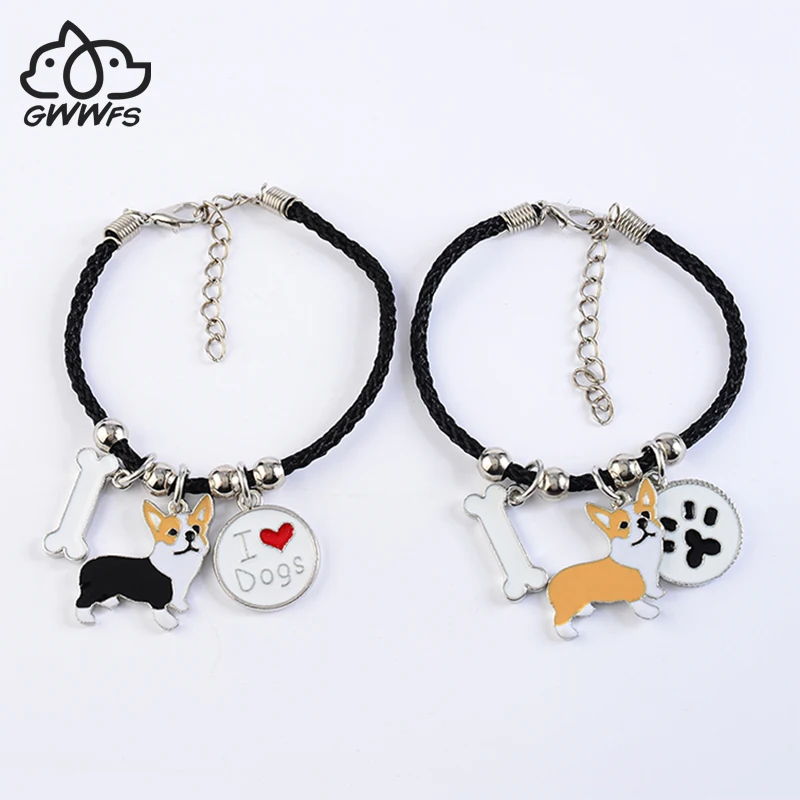 Welsh corgi pembroke charm bracelets for women girls men rope chain Aalloy pet dog pendant male female wrap bracelet