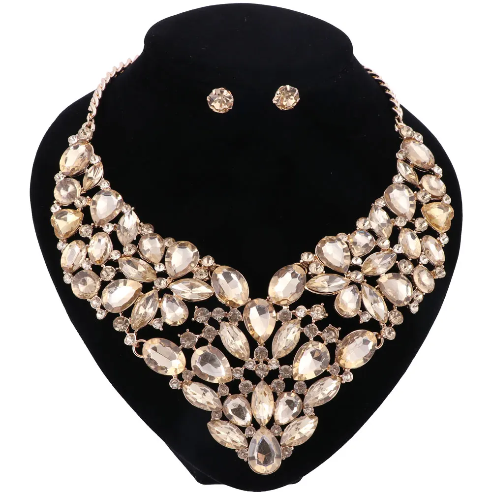 Women 5 colors crystal jewelry sets with earrings statement necklace for party wedding boho fashion Trendy necklace