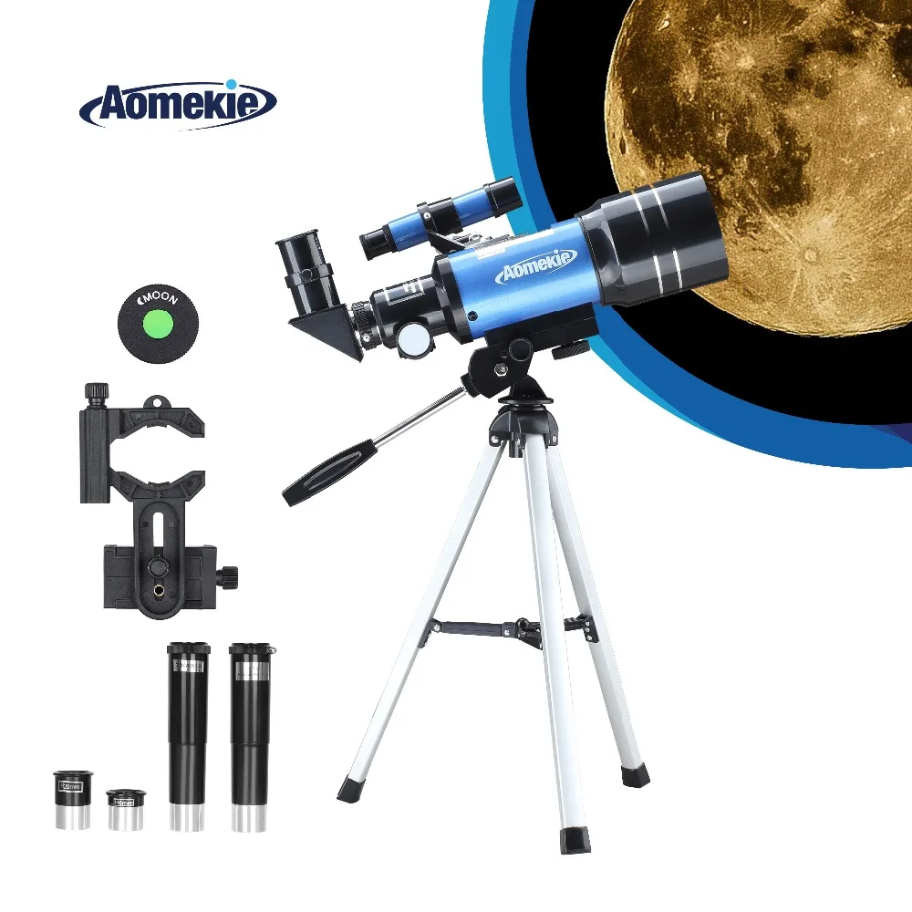 AOMEKIE 70300 Telescope for Beginner with Tripod Phone Adapter 1.5X Erecting Eyepiece 3X Barlow Lens for Moon Watching Kids Gift