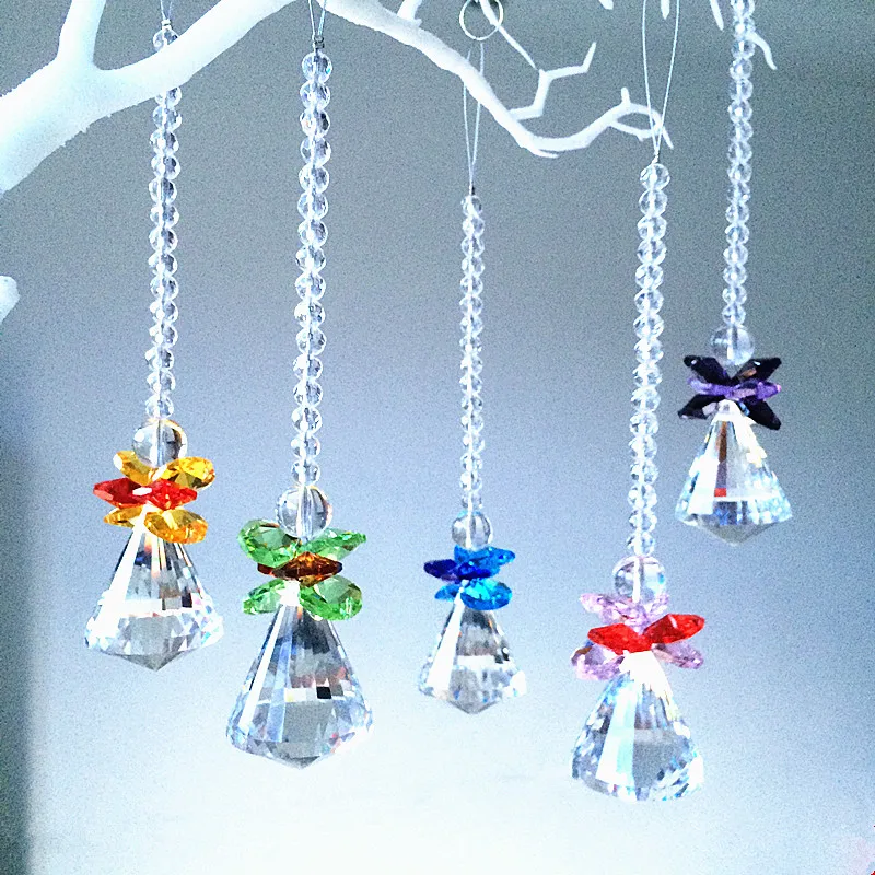 5pcs Gorgeous Crystal Pendants Mixed Colors Glass Angle Window Hanging Prisms Suncatcher For Lovely Christmas Tree Decoration