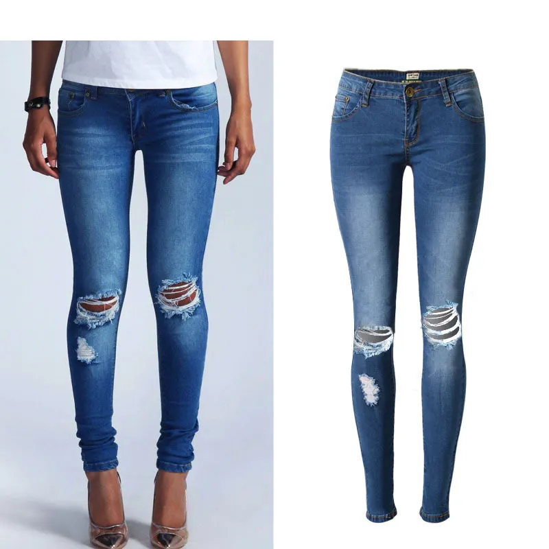 

BringBring 2017 Spring Autumn Fashion Ripped Denim Jeans Women Causal Low-waist Hole Blue Jean for Woman Denim Pants 1824