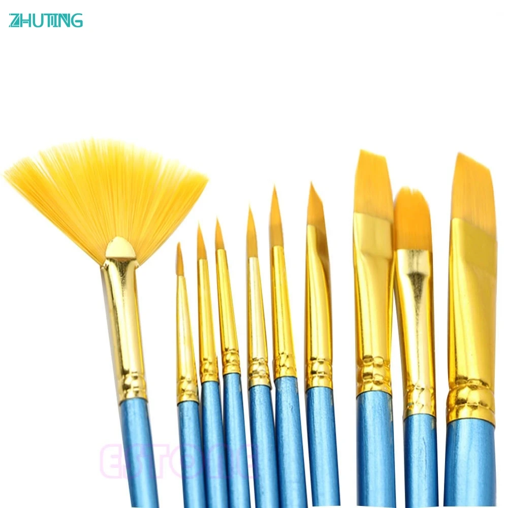 Hot Selling 10Pc Nylon Hair Acrylic Watercolor Flabellum Pointed Tip Artists Paint Brush Set JAN18