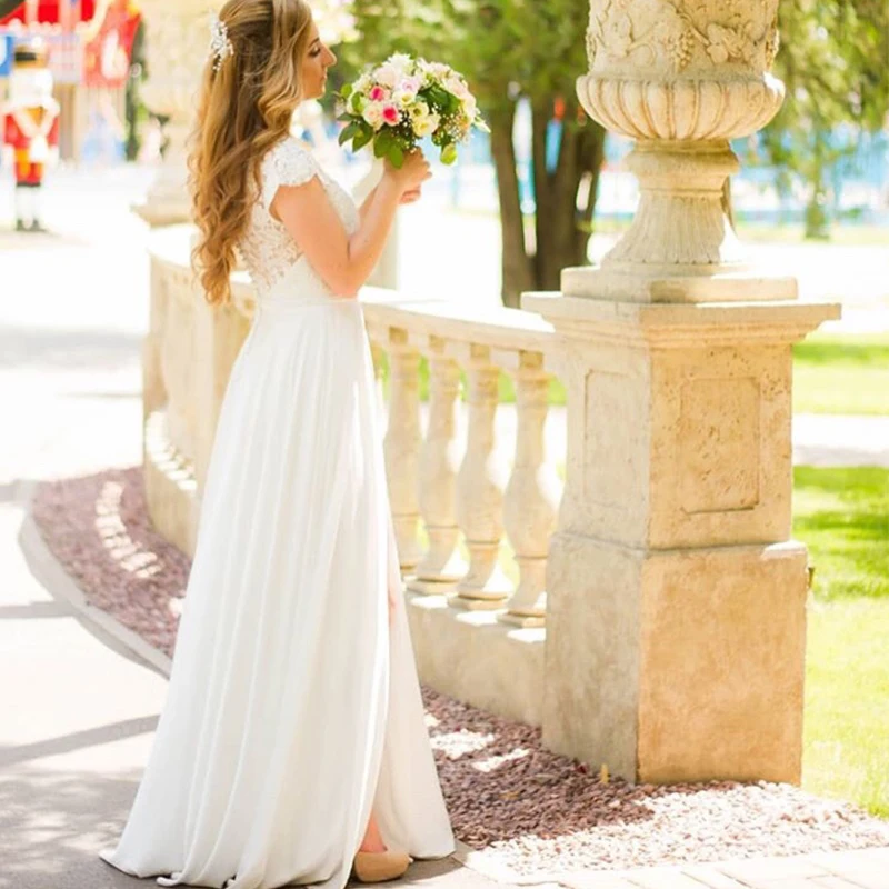 Vestido de novia largo de Playa con mangas de casquillo, cuello en V, gasa, bohemio, con apliques delanteros, vestido de novia dividido