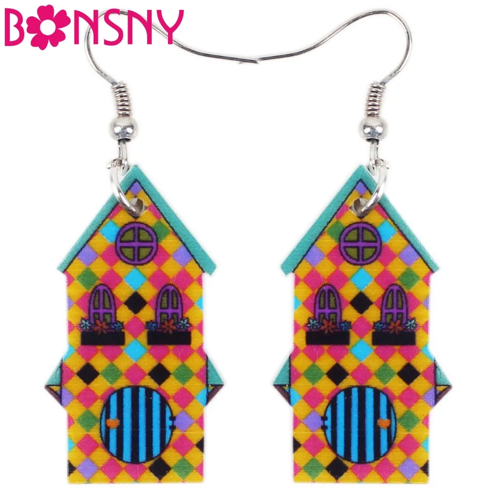 Bonsny Acrylic Peak Roof House Earrings Mosaic Drop Big Long Dangle Fashion Novelty Jewelry For Girl Women Wholesale Accessories