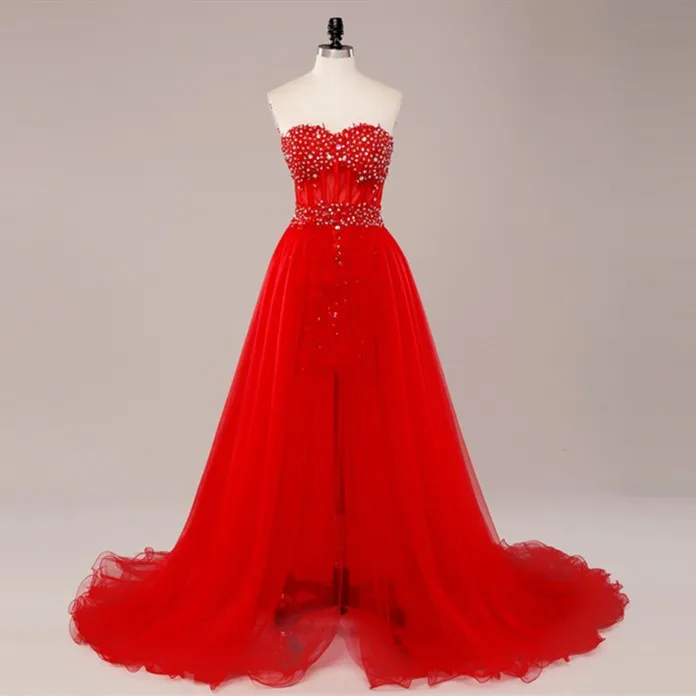 Lange prom kleid 2017 neue heiße schatz sexy mode zwei zu tragen abnehmbare schwarz kurzen schwanz Langes abendkleid nach größe