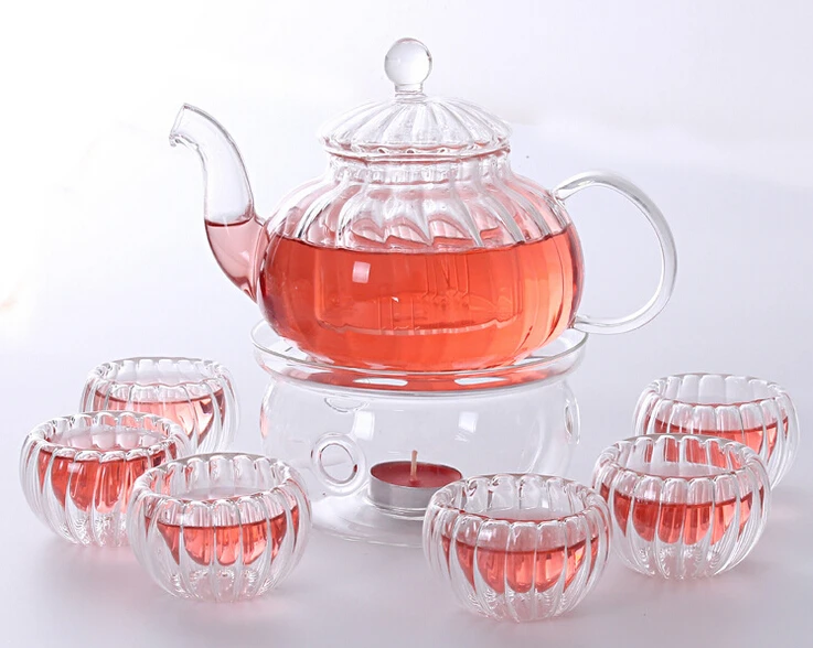 pumpkin Borosilicate Glass Tea Pot Set Infuser Teapot+Warmer+6 Tea Cups