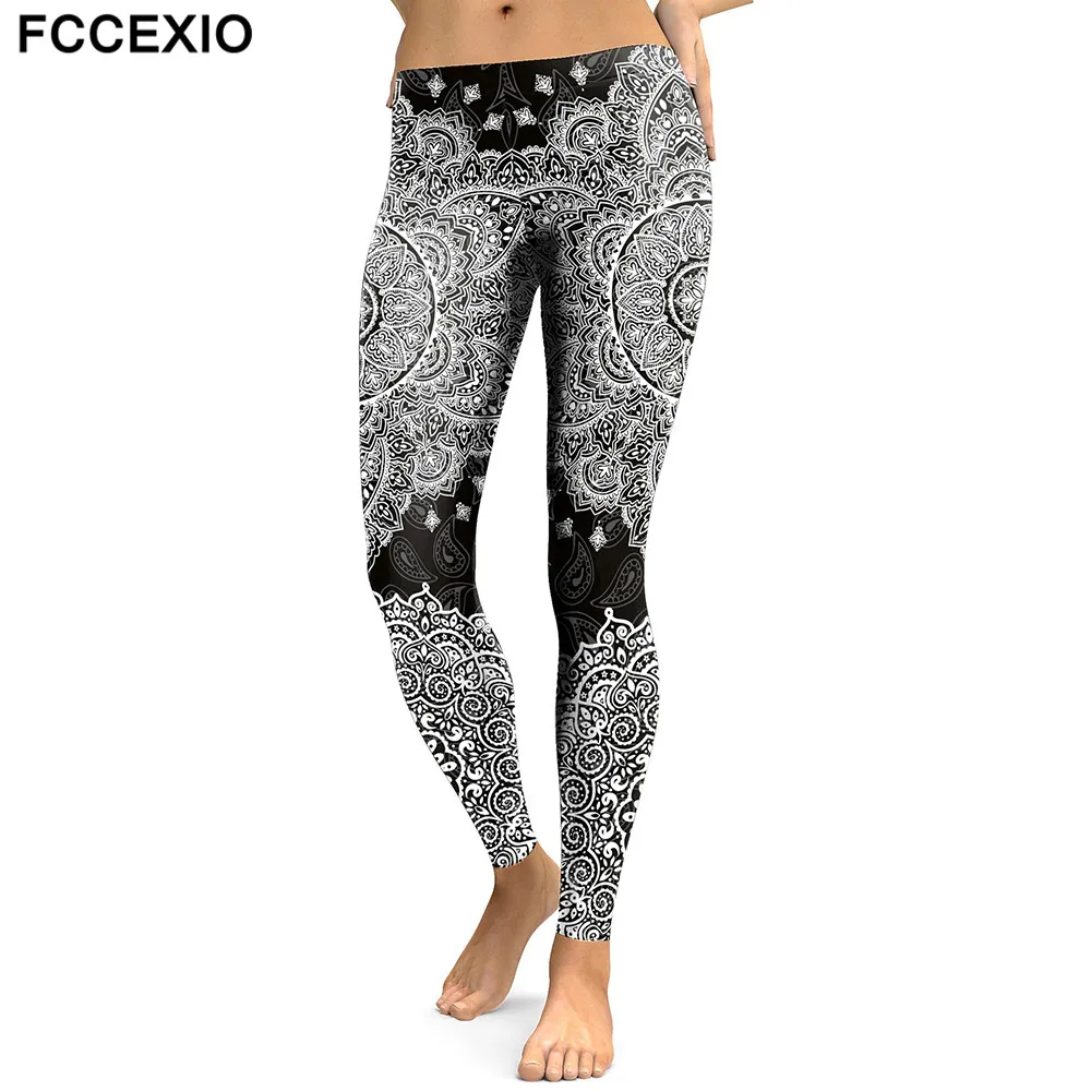 

FCCEXIO 2019 New Autumn Women Leggings Lotus Mandala Flower Printed Leggins Sexy Black White Fitness Silm Mujer Pencil Pants