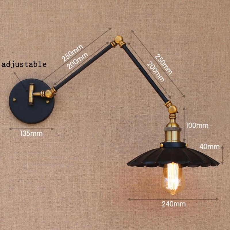 

Loft Black Industrial Metal Vintage Wall Lamp E27 Light Sconce Adjustable Long Swing Arm Workroom Bedside Bedroom Bar Lampshade