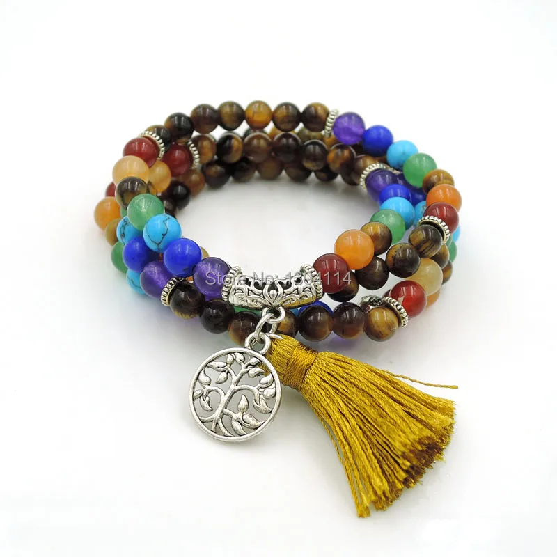 

Balance Combination Of Tiger Eye And Chakela Stone Elasticated Beaded Bracelet Tree Life Accessory With Tassel