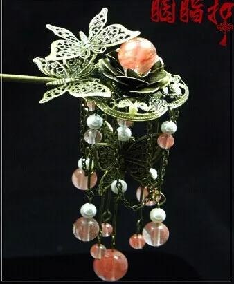 Watermelon Pink Stone Autumn Maple Leaves Shuang Lin Zhui Hair Stick Hanfu Costume Hair Accessory Hair Jewelry