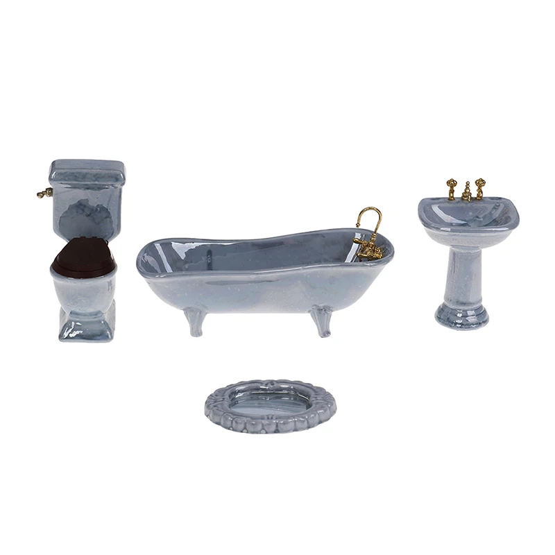 One Set New 1:12 Dollhouse Miniature Blue Porcelain Bathroom Set Toilet Basin Bathtub Furniture Toys